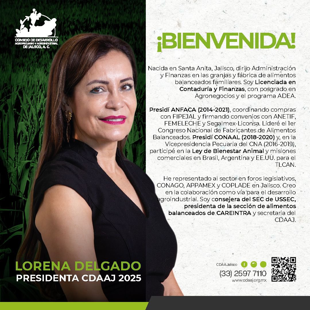 CDAAJalisco's tweet photo. Damos la mรกs cordial bienvenida a Lorena Delgado, nueva presidenta del #CDAAJ. Su liderazgo y experiencia serรกn clave para continuar fortaleciendo el desarrollo agroindustrial, fomentando la innovaciรณn y el crecimiento del sector. https://t.co/lO3DgUoQ91