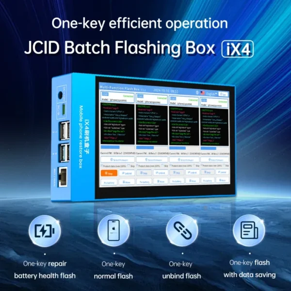 vipprogrammer_'s tweet image. #JCID #iX4 its one-click operation. Users can easily perform #battery health repairs, unbinding processes, and standard flashes. Supports repairs #iPhone 11- iPhone 15 Pro Max.

#phonerepair #phonearts #iPhone16Pro #repaircare  #battery #ecufixtool #programmer #phonefix