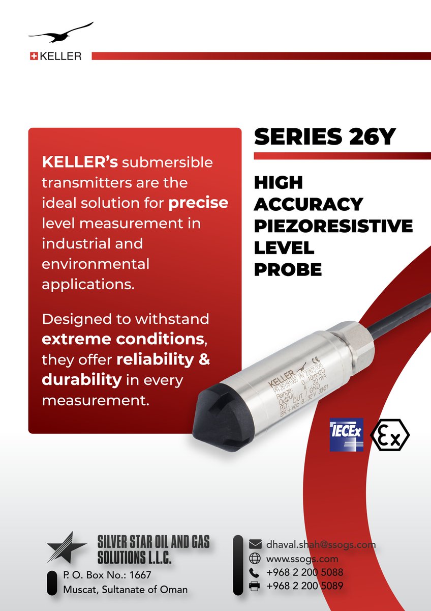 Introducing the <a href="/KellerPressure/">Keller - Pressure</a> Series 26Y – a high-accuracy piezoresistive level probe that offers excellent long-term stability at an affordable price!   
dhaval.shah@ssogs.com | +968 9649 3665 
#LevelMeasurement #HydrostaticPressure #WaterMonitoring #Instrumentation #ssogs