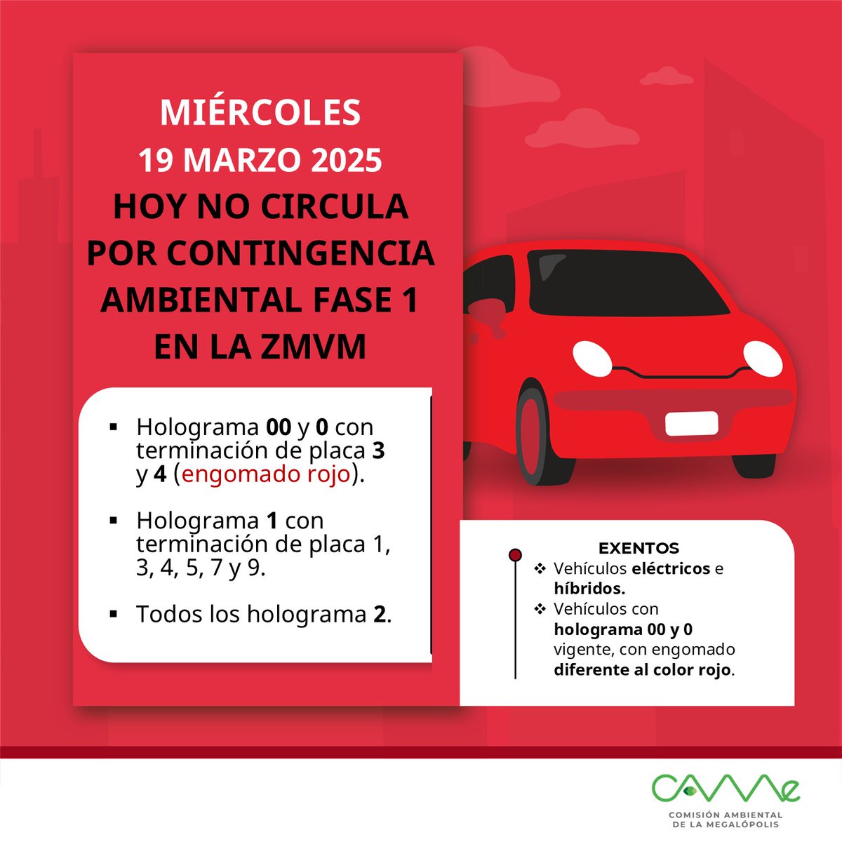 📢#QueNoSeTePase
Por #ContingenciaAmbiental Fase 1 en la #ZMVM, el #HoyNoCircula del 𝐦𝐢𝐞́𝐫𝐜𝐨𝐥𝐞𝐬 𝟏𝟗 𝐦𝐚𝐫𝐳𝐨 aplica:
🚗Hologramas 00 y 0 terminación placa 3 y 4
🚗Holograma 1 terminación placa 1, 3, 4, 5, 7 y 9
🚗Todos los holograma 2
Ver bit.ly/43RFTeY
