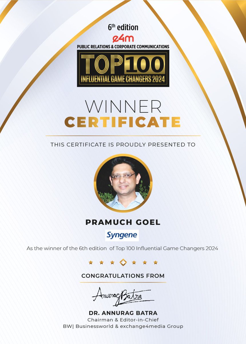 e4mevents's tweet image. Our heartiest congratulations to Mr. @pramuch from Syngene International Limited for being featured in the 6th edition of e4m PR and Corp Comm Top 100 Influential Game Changers list 2024 !

@karanbhatias  

#e4mprtop100influentialgamechangers #e4mevents #PRCorpComm