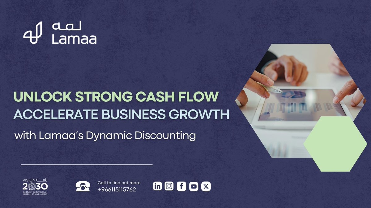 lamaafintech's tweet photo. Improve your cash flow and fuel your business expansion with Lamaa’s Dynamic Discounting today!
#business #lamaa #sme #smes #fintech #riyadh #vision2030 #saudiarabia #growth #empoweringbusinesses #profits https://t.co/BmHpcTfBcv