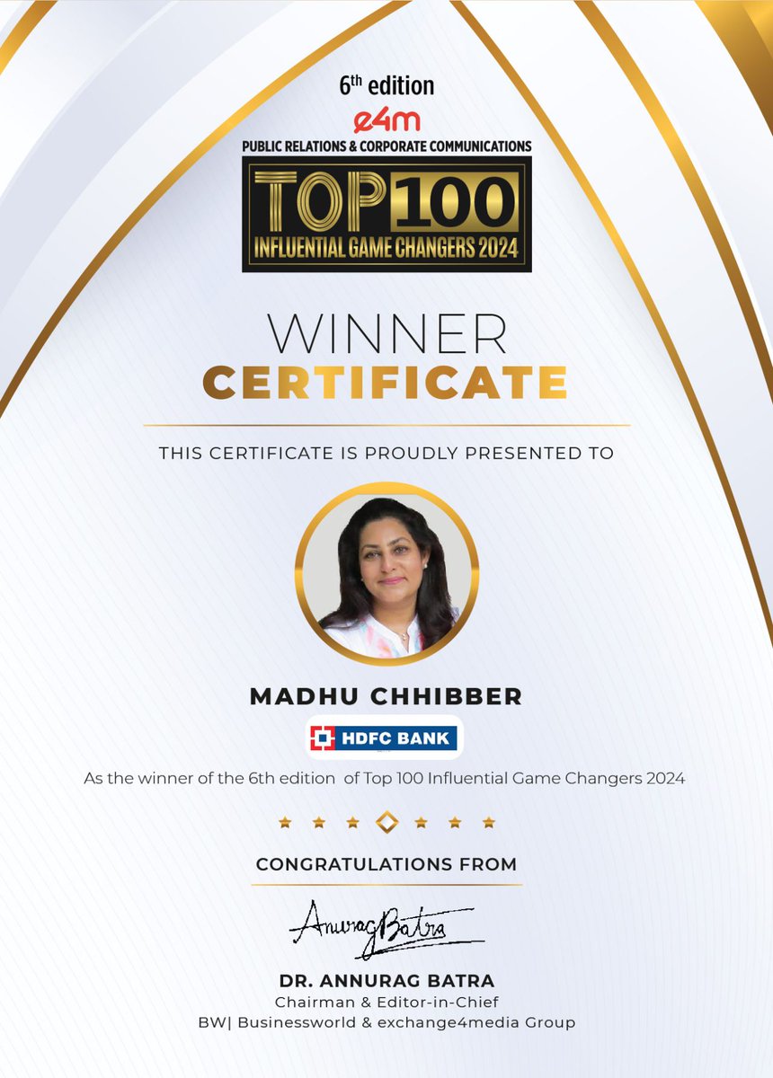 e4mevents's tweet image. Our heartiest congratulations to @madhuchhibber  from @HDFC_Bank for being featured in the 6th edition of e4m PR and Corp Comm Top 100 Influential Game Changers list 2024 !

@karanbhatias  

#e4mprtop100influentialgamechangers #e4mevents #PRCorpComm