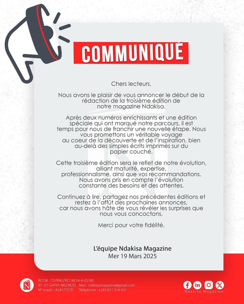 NdakisaMagazine's tweet photo. 📢📣 #Communiqué #3èmeEdition https://t.co/vxxCE46xLx