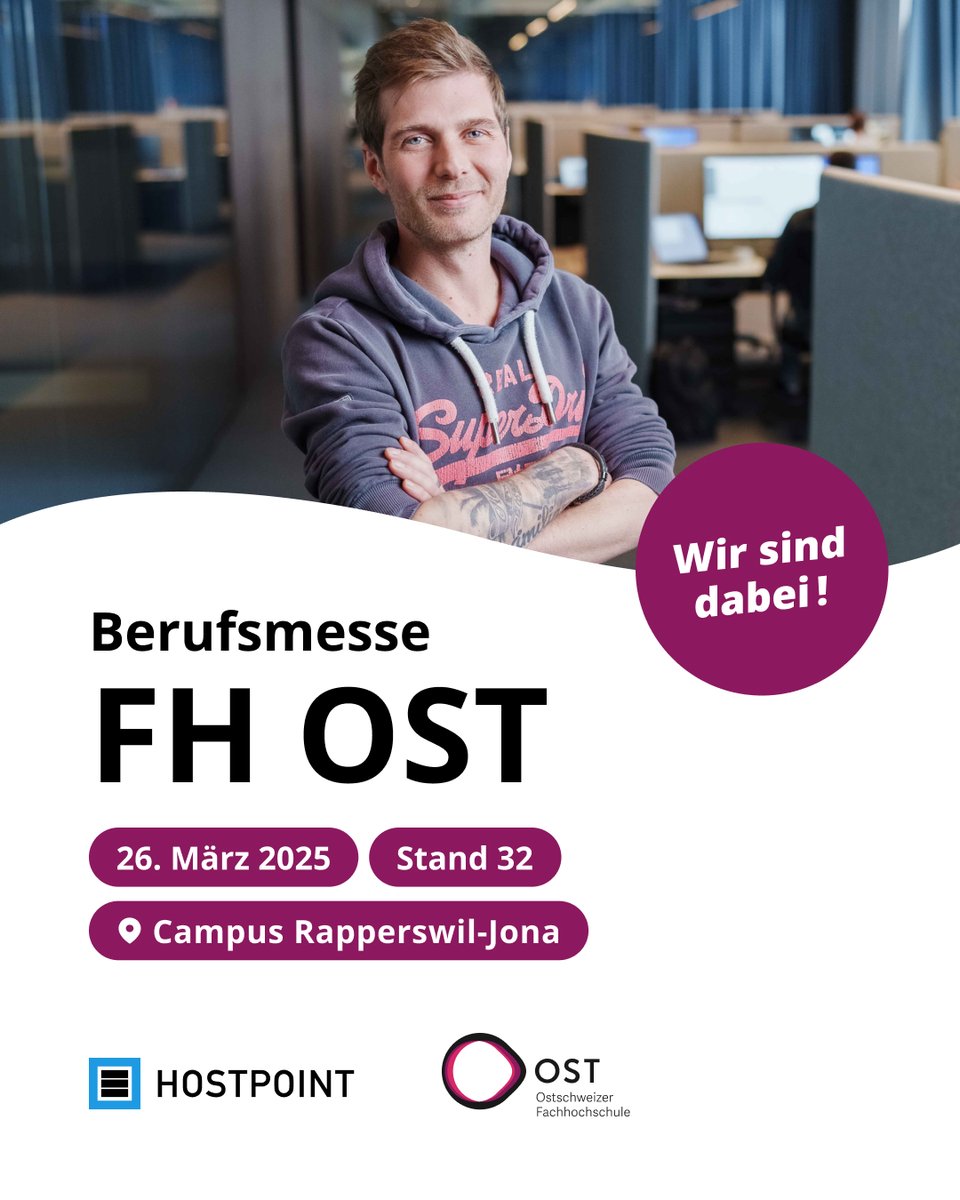 Hostpoint (@hostpoint) on Twitter photo Verpasst nicht die Chance, alles über eine Karriere bei Hostpoint zu erfahren! Am 26. März sind wir wieder an der <a href="/ost_fh/">OST – Ostschweizer Fachhochschule</a>, um die Fragen der Absolventen zu Ihrer Zukunft bei uns in Rapperswil zu beantworten.
Infos: ostcareer.ch/de/events/deta…
Jobs: hostpoint.ch/jobs/ Verpasst nicht die Chance, alles über eine Karriere bei Hostpoint zu erfahren! Am 26. März sind wir wieder an der <a href="/ost_fh/">OST – Ostschweizer Fachhochschule</a>, um die Fragen der Absolventen zu Ihrer Zukunft bei uns in Rapperswil zu beantworten.
Infos: ostcareer.ch/de/events/deta…
Jobs: hostpoint.ch/jobs/