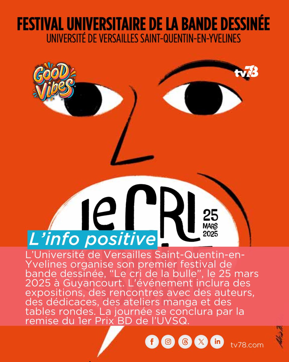 🎨📚 L’Université de Versailles lance son premier Festival de la BD !

📅 25 mars 2025 – Guyancourt (UVSQ)
📖 Expositions, dédicaces, ateliers et débats : la BD sous toutes ses facettes !

🖌 Temps forts :
1️⃣ Exposition “Madeleine, résistante” sur la Résistance française
2️⃣