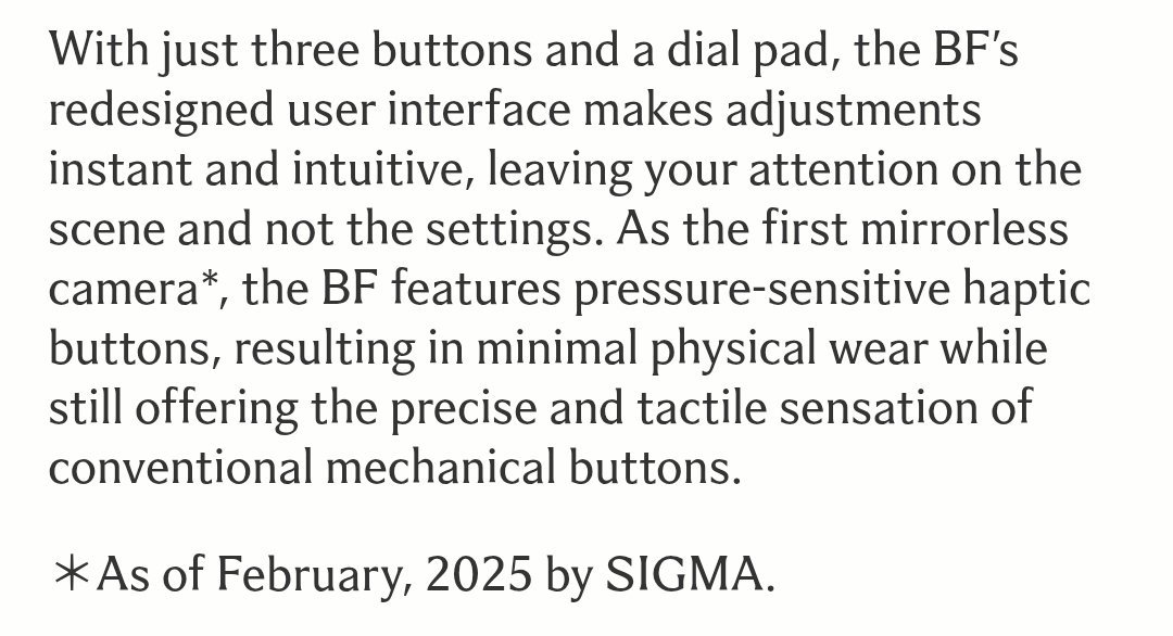 KIAReaper's tweet photo. @StephenFleming @MKBHD tbf I was going to get upset and look through the info page, but this footnote doesn't even make sense?

1. first mirrorless camera by sigma, which isn't true (sigma fp)

2. first mirrorless camera by sigma, in February 2025? (makes sense but is absolutely idiotic as a claim) https://t.co/GyYx9CDXow
