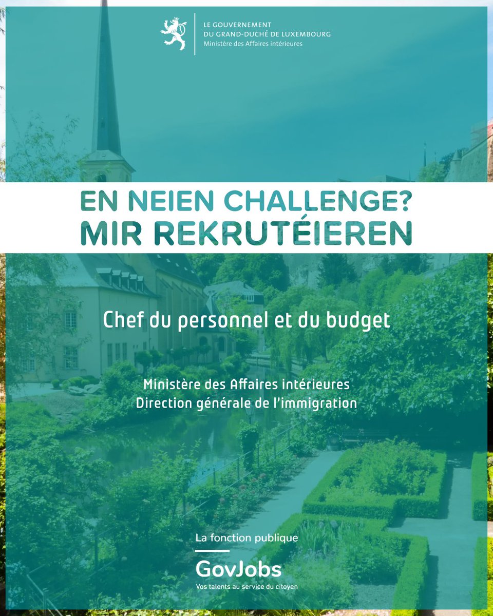 Den Inneministère rekrutéiert:

➡️All Informatioune ginn et op GovJobs:

▪️ Chef du personnel et du budget

govjobs.public.lu/fr/postuler/po…