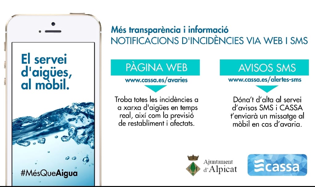 📢 Us recordem que podeu rebre mitjançant SMS 📲 alertes d’incidències en el servei d’aigua💧:
•🚰talls programats per millores de la xarxa
•🚰avaries fortuïtes
•🚰previsió de restabliment del servei

ℹ️ Tota la info a:
⬇️⬇️⬇️⬇️⬇️
lc.cx/fjX3p_