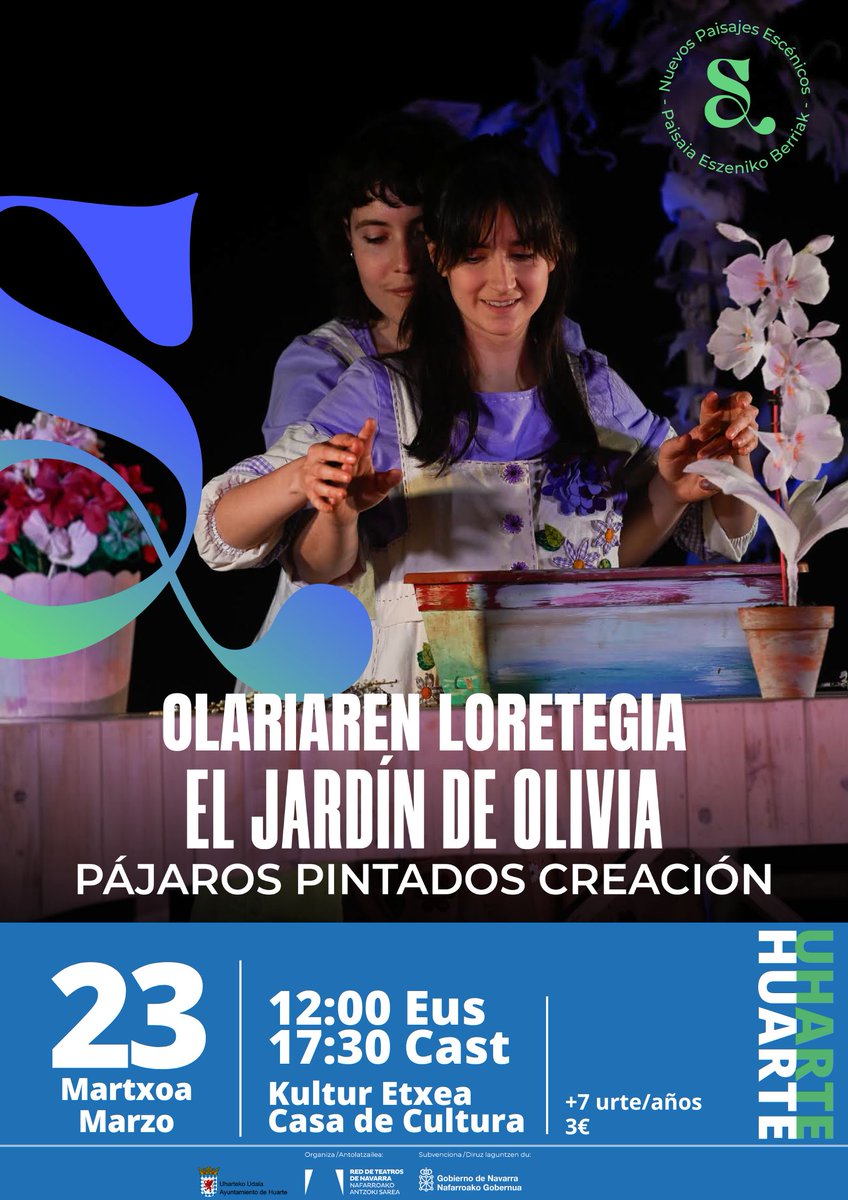 🎭💐OBJEKTUEN IKUSKIZUNA / TEATRO DE OBJETOS

OLAIAREN LORATEGIA / EL JARDÍN DE OLIVIA
🗓️23 mar. 12:00 eus / 17:30 cas. 
👥+7 urte/años. 50'
🎟️3€. Edukiera mugatua / Aforo limitado👉🏾es.patronbase.com/_Huarte/Produc…

<a href="/Uharteko_Udala/">Ayuntamiento Huarte</a>