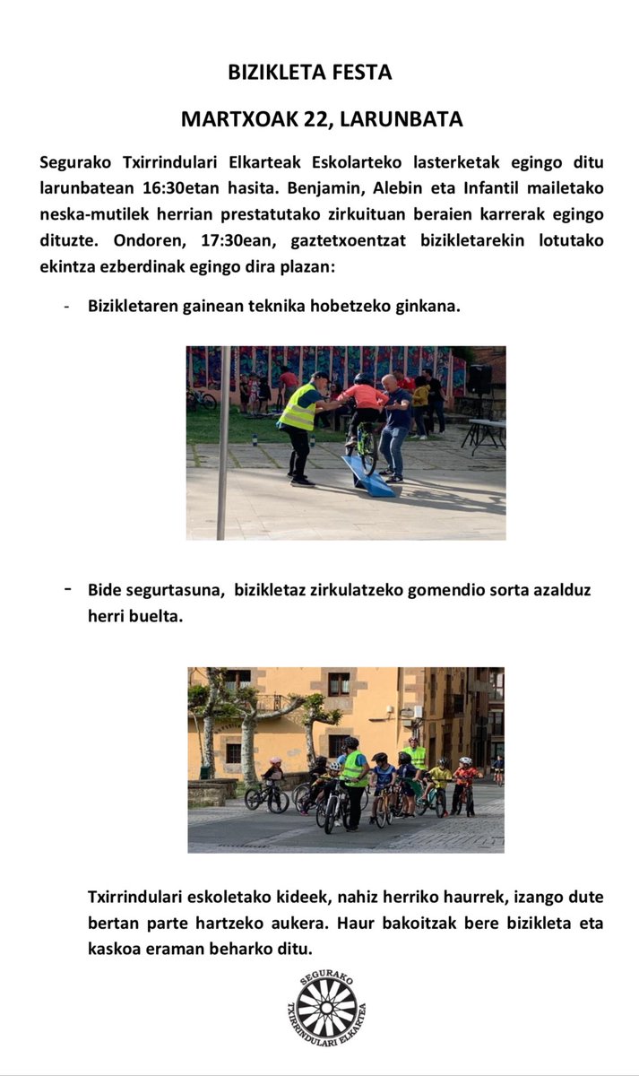 Segurako Txirrindulari Elkartea (@segurakote) on Twitter photo Larunbatean eskolarteko probak eta Bizikleta Festa. <a href="/andoaingo/">Andoaingo</a> <a href="/Oriakotxe/">Oriako Tx. Eskola</a> <a href="/GTxF_/">Gipuzkoako Txirrindularitza Federazioa</a> Larunbatean eskolarteko probak eta Bizikleta Festa. <a href="/andoaingo/">Andoaingo</a> <a href="/Oriakotxe/">Oriako Tx. Eskola</a> <a href="/GTxF_/">Gipuzkoako Txirrindularitza Federazioa</a>