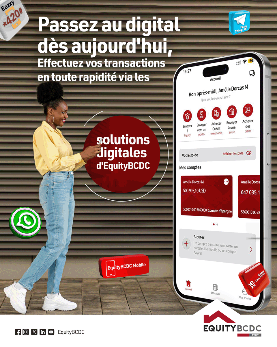 EquityBCDC's tweet image. Passez au digital dès aujourd&apos;hui 📲
Rendez-vous en agence pour activer le service M-banking.

#EquityBCDC #Mbanking #SolutionsDigitales