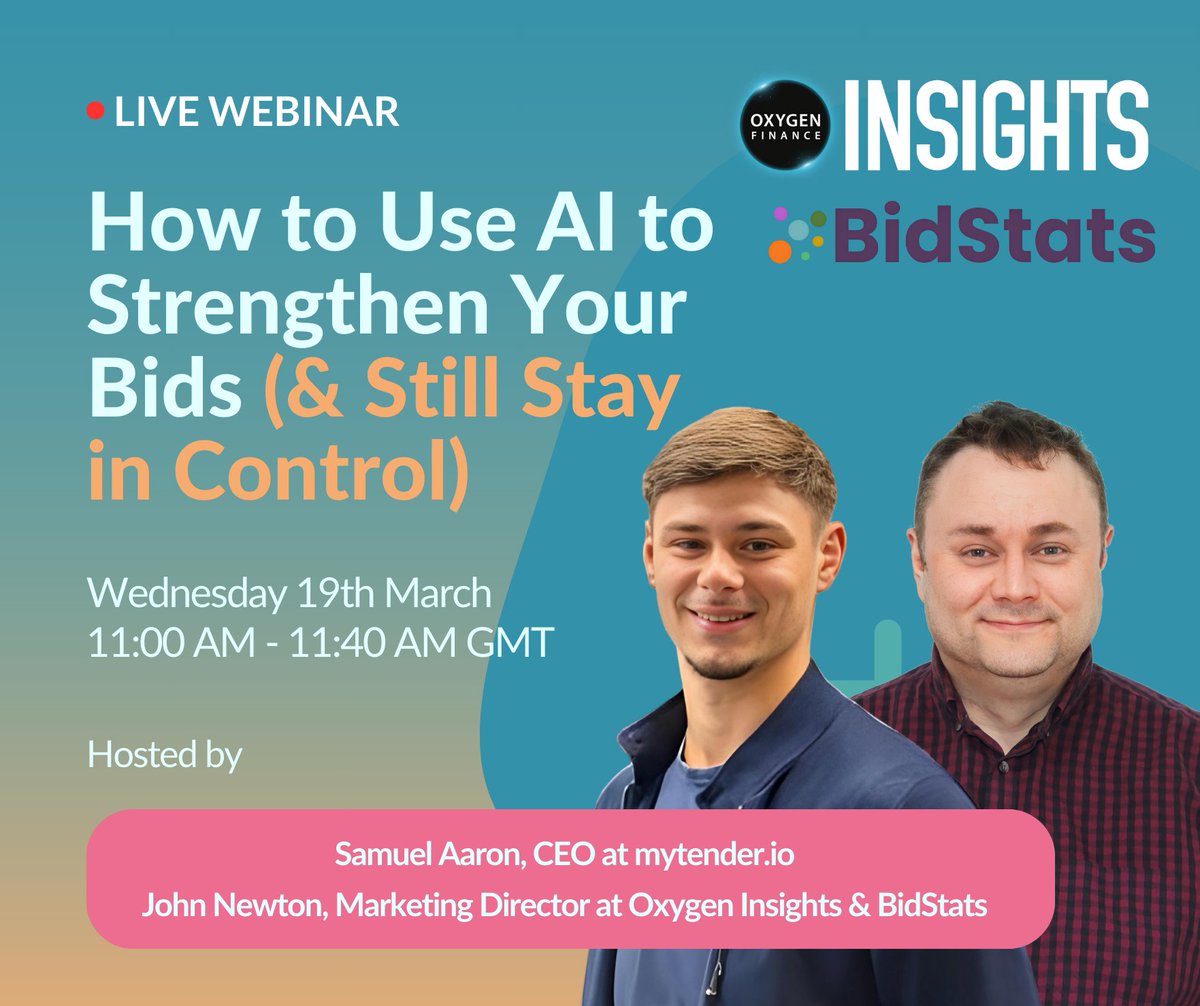 Last chance to sign up! Join us at 11 AM today for a hands-on webinar with Samuel Aaron (CEO, mytender.io) and John Newton (Marketing Director, Oxygen Insights &amp; BidStats) to see AI in action.

attendee.gotowebinar.com/register/36915…

#AI #BidWriting #Procurement #Bidding