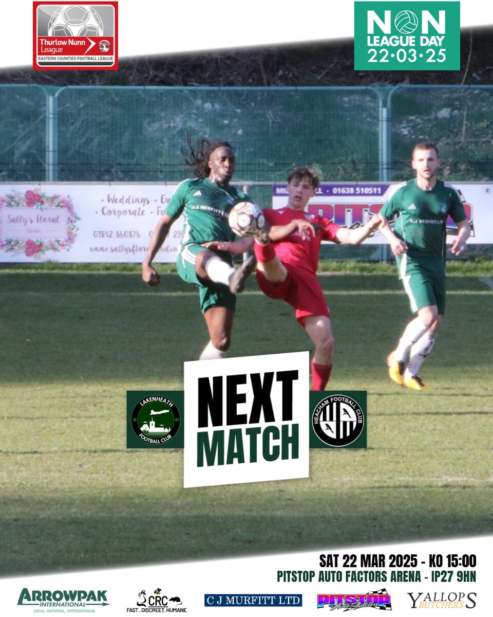 🔴 LAST HOME GAME 🔴

Non League Day 🙌🏻

🆚 <a href="/HeachamFC/">Heacham F.C</a>
🗓 Sat 22nd Mar 2025
🕒 15:00 KO
🏆 <a href="/ThurlowNunnL/">TNL</a> 
🏟 PitStop Auto Factors Arena - IP27 9HN
🎟️ Adults £8 - Concession £5 - U13s Free
🍔🍺 Burger &amp; a Pint for only £8.49

#uptheheath #nonleagueday #localfootball #supportlocal