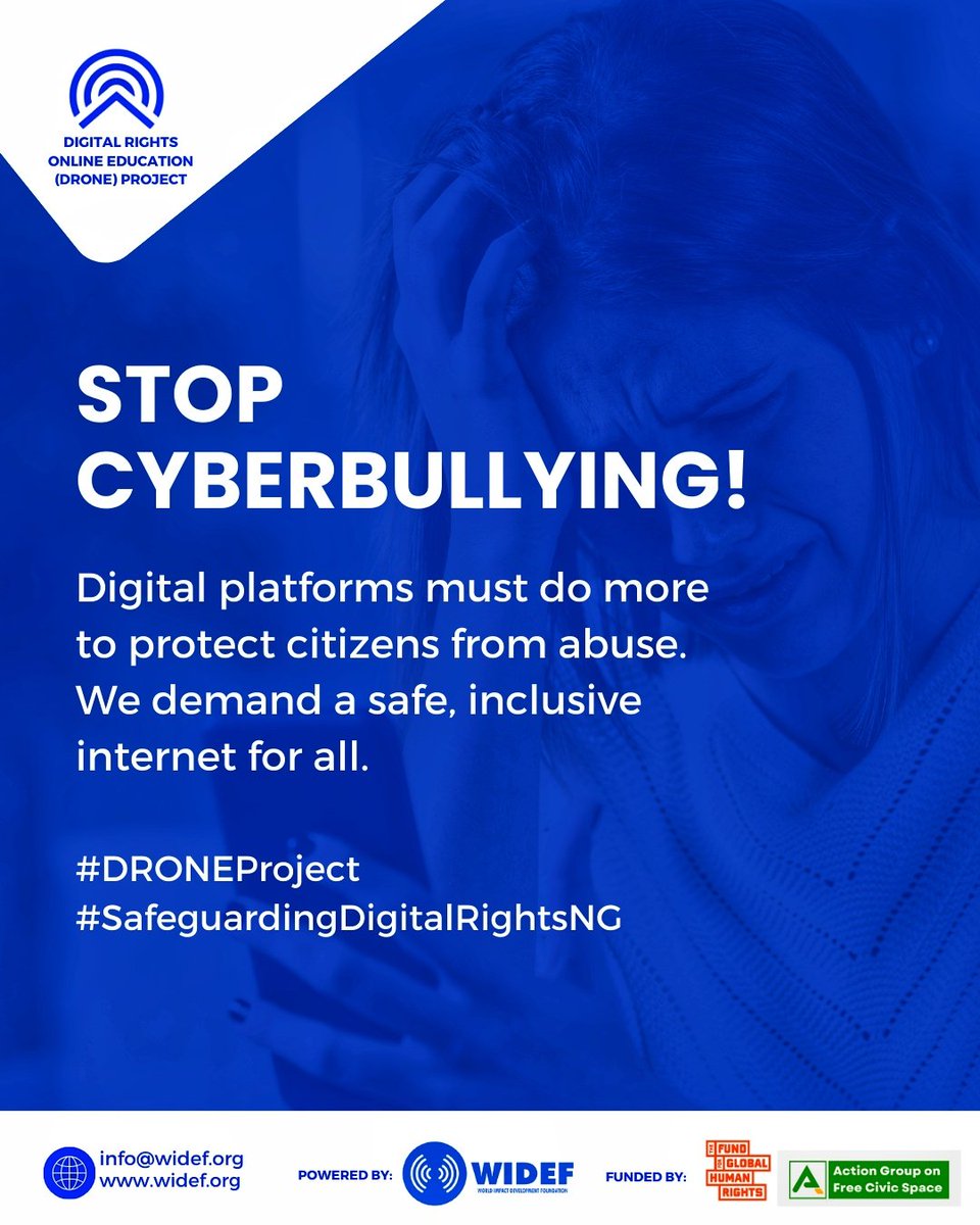 wideflive's tweet image. STOP Cyberbullying! 

Digital platforms must do more to protect citizens from abuse. 

We demand a safe, inclusive internet for all. 

#DigitalRights
#DRONEProject #SafeguardingDigitalRightsNG