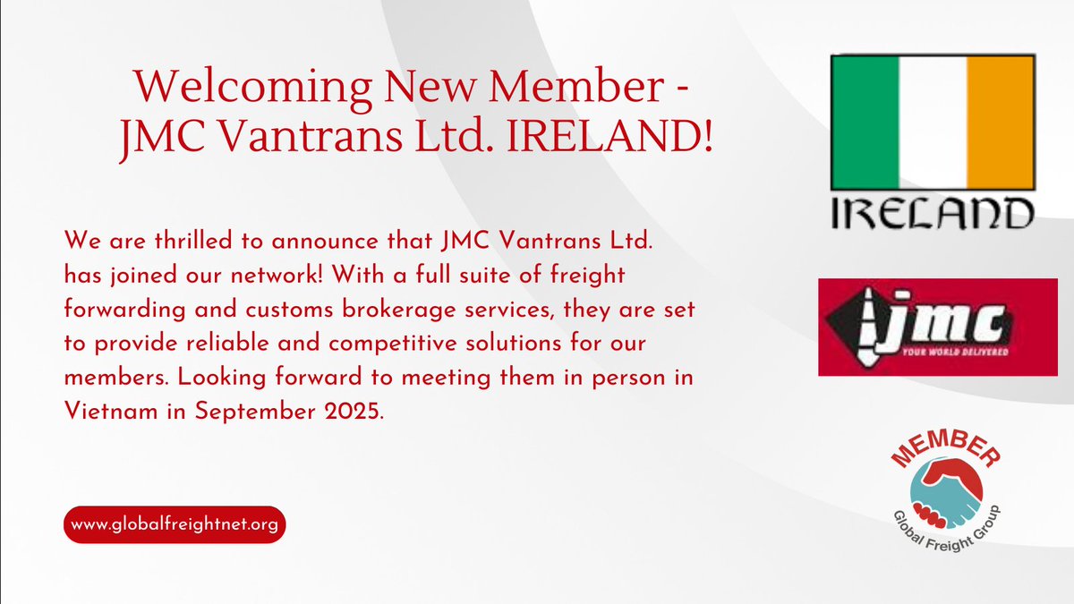 We're thrilled to welcome JMC Vantrans Ltd. as our latest addition in Ireland! We can't wait to meet you in Vietnam this September and embark on this incredible journey together. #JMCVantrans #Partnership #Networking #GlobalExpansion