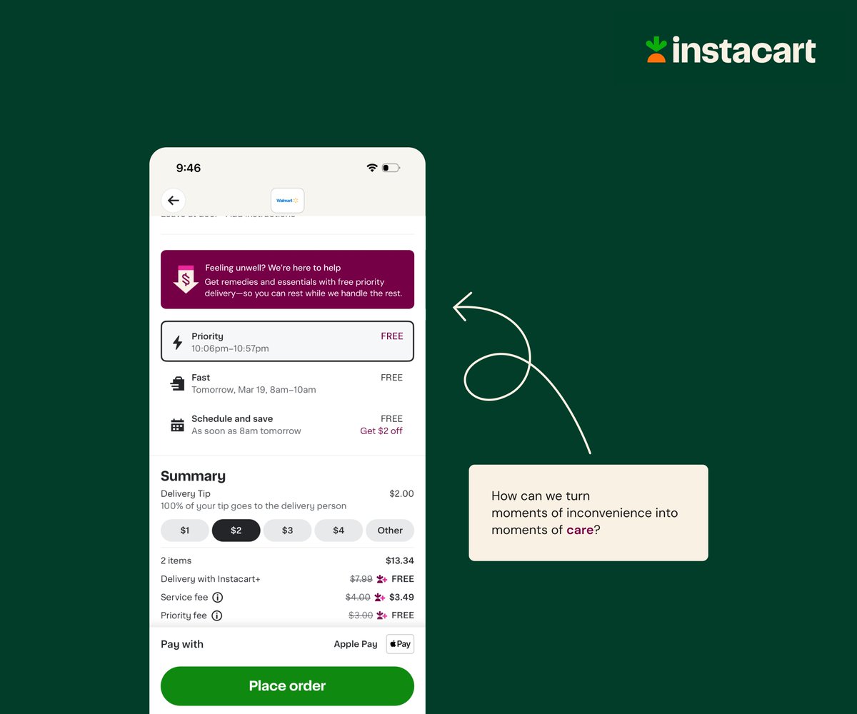 Being sick is bad enough—waiting on essentials makes it worse. What if <a href="/Instacart/">Instacart</a> recognized this and offered free priority delivery?

There’d be details to figure out—when to trigger it, how often—but that’s for the product team to solve. 😌