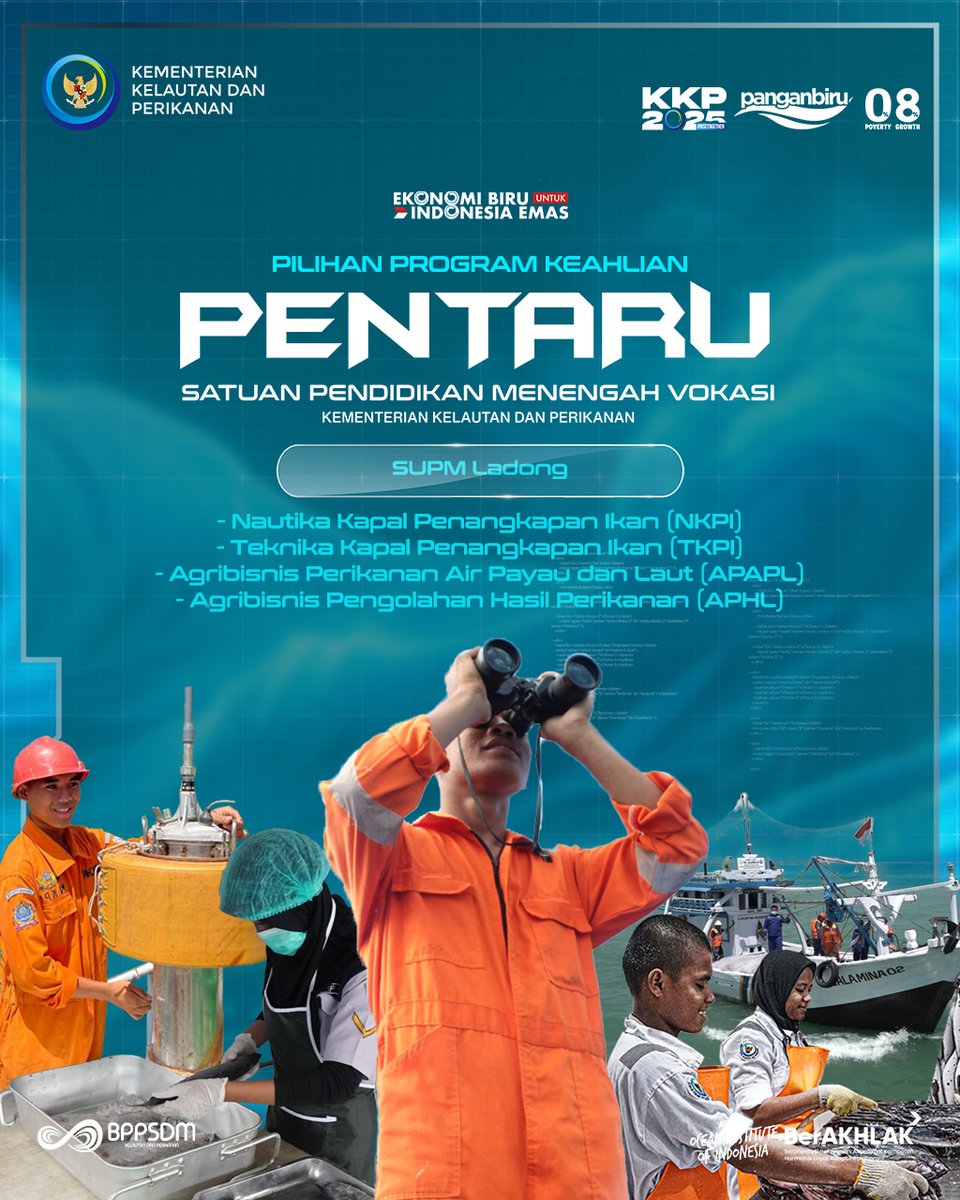 Satuan pendidikan menengah vokasi <a href="/kkpgoid/">KKP RI</a> membuka kuota #PENTARUKKP2025 sebanyak 487 peserta didik di 5 sekolah yang tersebar di Ladong, Pariaman, Kota Agung, Tegal, dan Waiheru

#PendidikanKP #SDMKelautanPerikananUnggul #SISWAKP <a href="/saktitrenggono/">Sakti Wahyu Trenggono</a> <a href="/bppsdm_kp/">BPPSDM KKP</a> <a href="/in_radiarta/">INRadiarta</a>