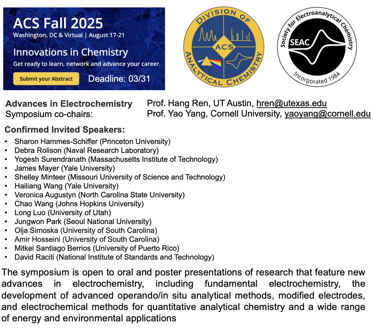 Yao Yang (@yaoyang639) on Twitter photo Prof. <a href="/HangRen_/">Hang Ren</a> and I would like to invite you to join us at ACS Fall in DC callforabstracts.acs.org/acsfall2025/AN…
We have a great speaker lineup. <a href="/lab_luo/">Luo Lab</a> <a href="/MinteerLab/">Minteer Lab</a> <a href="/oljasimoska/">Olja Simoska (Оља Симоска)</a> <a href="/jungwonpark/">Jungwon Park</a> Prof. <a href="/HangRen_/">Hang Ren</a> and I would like to invite you to join us at ACS Fall in DC callforabstracts.acs.org/acsfall2025/AN…
We have a great speaker lineup. <a href="/lab_luo/">Luo Lab</a> <a href="/MinteerLab/">Minteer Lab</a> <a href="/oljasimoska/">Olja Simoska (Оља Симоска)</a> <a href="/jungwonpark/">Jungwon Park</a>