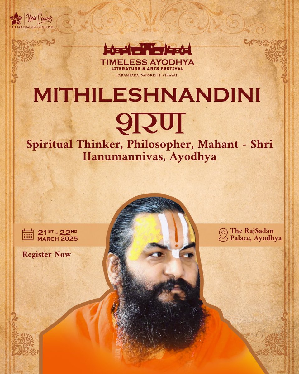 timelessayodhya's tweet photo. Acharya Mithilesh Nandini Sharan is a scholar who explores the fusion of scriptures and folk traditions and brings insightful discussions on spirituality, culture, and life values. (1)
#TimelessAyodhya #TA2025 #RajSadan #Ayodhya #UPTourism https://t.co/yad9UsqVvi