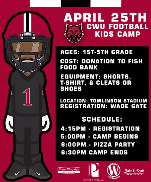 YOUNG CATS CAMP😼🏈 Friday, April 25th! 

Calling all future Wildcats to join us for a fun &amp; engaging football camp led by current CWU players &amp; coaches!! No sign up required! Just bring your kiddos and a donation for the FISH Food Bank! We are excited to see you there!!