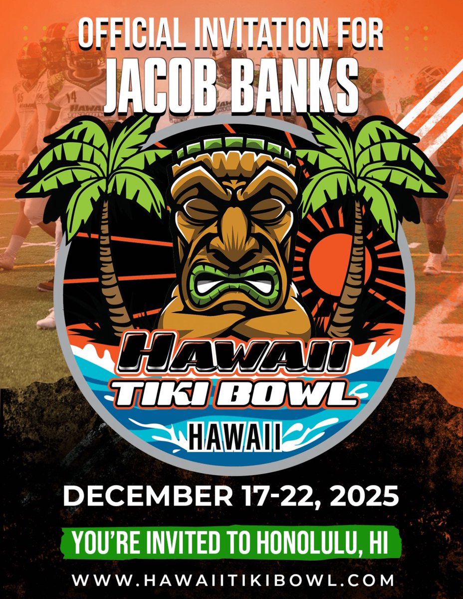 Jacob Banks (@jkaxi58803) on Twitter photo Blessed to receive a invite to the Hawaii Tiki Bowl. Shout out to <a href="/HawaiiTikiBowl/">Hawaii Tiki Bowl</a>. #Blessed #football #athletic Blessed to receive a invite to the Hawaii Tiki Bowl. Shout out to <a href="/HawaiiTikiBowl/">Hawaii Tiki Bowl</a>. #Blessed #football #athletic