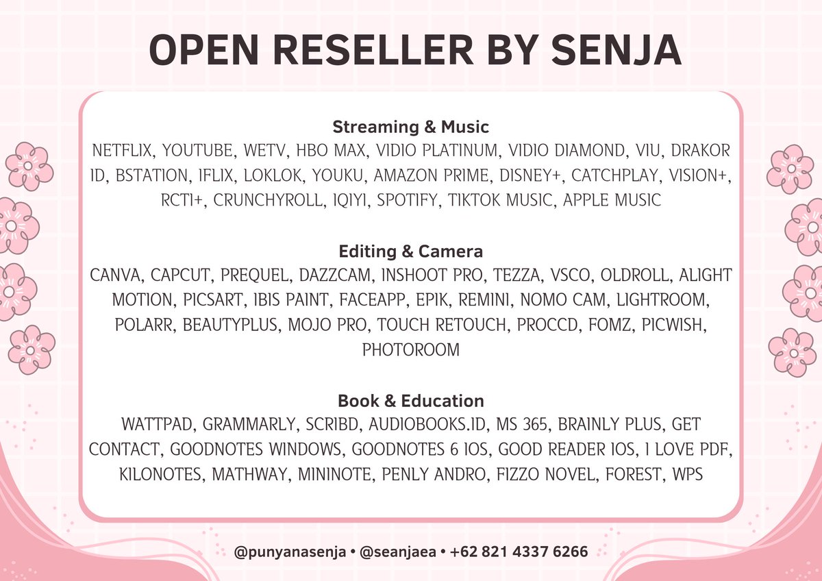 punyanasenja's tweet photo. hai, senja open reseller lagii ! ada banyak app prem, sosneed serta game loh 😍 open pagi” dan close kalau dah ngantuk. sering daget dan ada event menarik khusus buat reseller. intip pl? dm/wa

bisa dijadiin cadangan fh atau utama 🫶🏻#zonauang #zonaba https://t.co/VD6sq01CIY