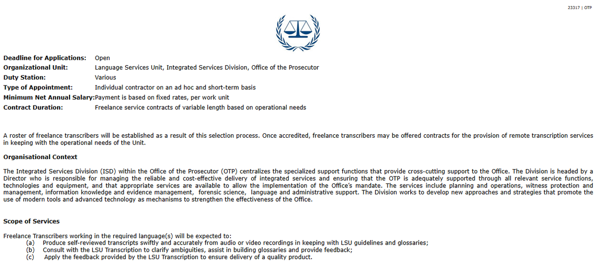 ABSCBNNews's tweet photo. ICC IS LOOKING FOR TAGALOG AND/OR CEBUANO TRANSCRIBERS 💻

The International Criminal Court opens a remote job for transcribers who are proficient in listening to, understanding, and writing in Tagalog and/or Cebuano. A working knowledge of English is also a prerequisite.

(Screengrab from ICC's website)