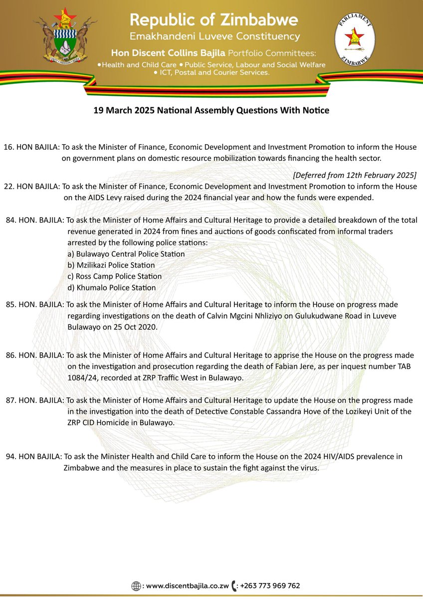 Discent Bajila (@dcbajila) on Twitter photo Today is Question Time in <a href="/ParliamentZim/">Parliament of Zimbabwe</a>. I've sent notice for a number of questions to <a href="/MoHCCZim/">Ministry of HealthZW</a>, <a href="/ZimTreasury/">MOFED&IP</a> @ Home Affairs. I believe that now is the time to quantify the amounts collected from auctions of goods confiscated from informal traders and account for it. Today is Question Time in <a href="/ParliamentZim/">Parliament of Zimbabwe</a>. I've sent notice for a number of questions to <a href="/MoHCCZim/">Ministry of HealthZW</a>, <a href="/ZimTreasury/">MOFED&IP</a> @ Home Affairs. I believe that now is the time to quantify the amounts collected from auctions of goods confiscated from informal traders and account for it.
