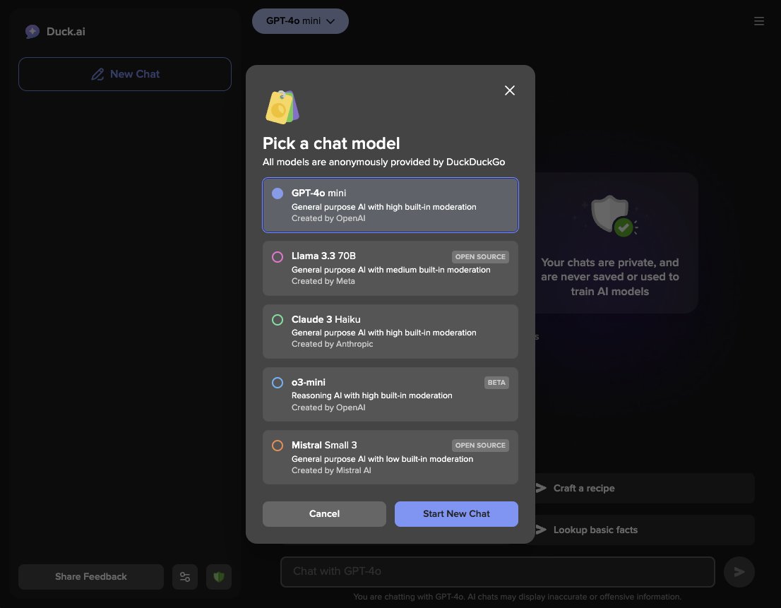 petasittek's tweet image. Wow, @DuckDuckGo just released duck.ai - all chats are private, anonymized, stored locally, and not used to train AI models.

You can choose from: GPT-4o mini, Llama 3.3 70B, Claude 3 Haiku, o3-mini, Mistral Small 3

Wow! Thanks! 🚀