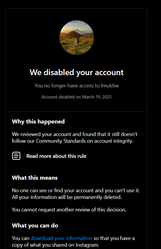 lmuktiw's tweet photo. 📢 @InstagramComms @Meta My account (@lmuktiw) was permanently disabled by mistake! I completed verification but used a new phone number instead of the one linked to my account. Now I can't access it. Please help me recover my account! 🙏 #InstagramHelp #AccountDisabled https://t.co/UIm9knvC4w
