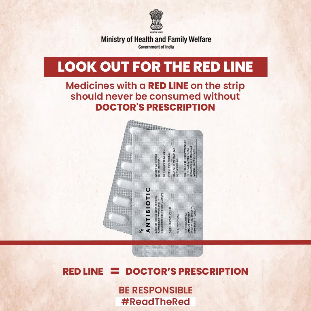ddnewsSrinagar's tweet photo. #ReadTheRed | Red line, red alert! 

The red line on your medicine strip means it’s an antibiotic. Use it wisely—always consult your doctor before taking it.
@MoHFW_INDIA https://t.co/3JjMKPdtl4