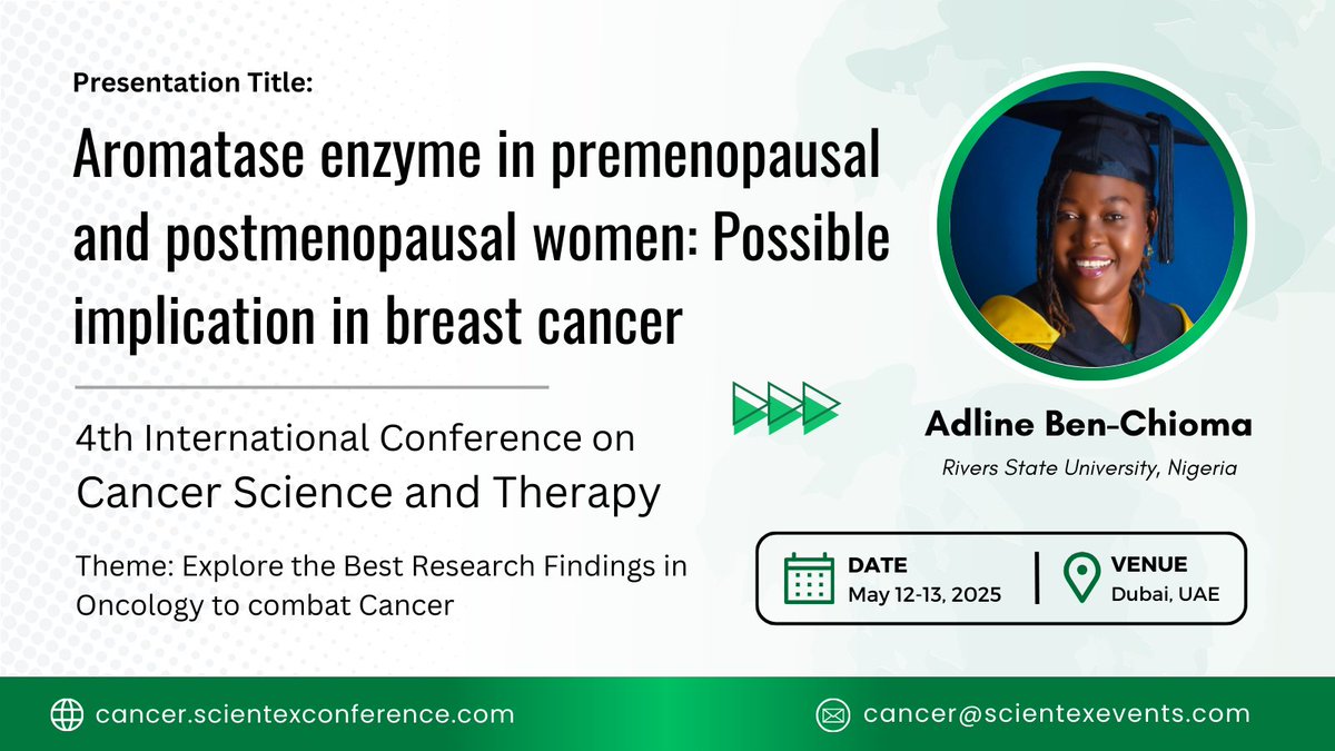 🌟Speaker Announcement!🌟We are thrilled to welcome Dr. Adline Ben-Chioma, Nigeria as a featured speaker at Cancer Conference #Dubai!

More details about Dr. Adline at cancer.scientexconference.com/speakers/Adlin…

Join us for this insightful session to explore more!
#breastcancer #scientexconferences