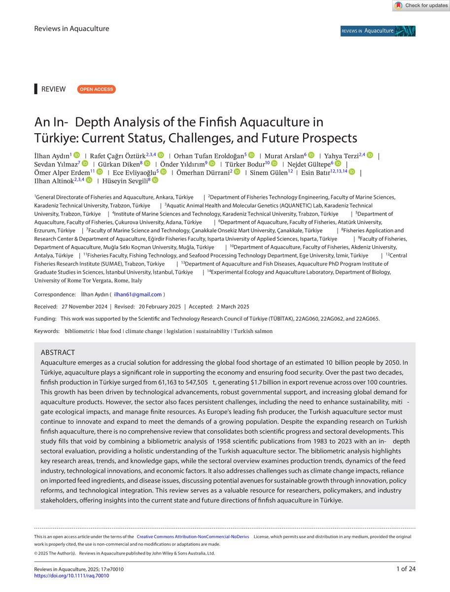 🚀 New publication alert! Our latest paper on Türkiye’s finfish aquaculture is now out in Reviews in Aquaculture (Q1)🐟🌊
🔗 onlinelibrary.wiley.com/doi/10.1111/ra…

#Aquaculture #Fisheries #BlueGrowth #BlackSea
