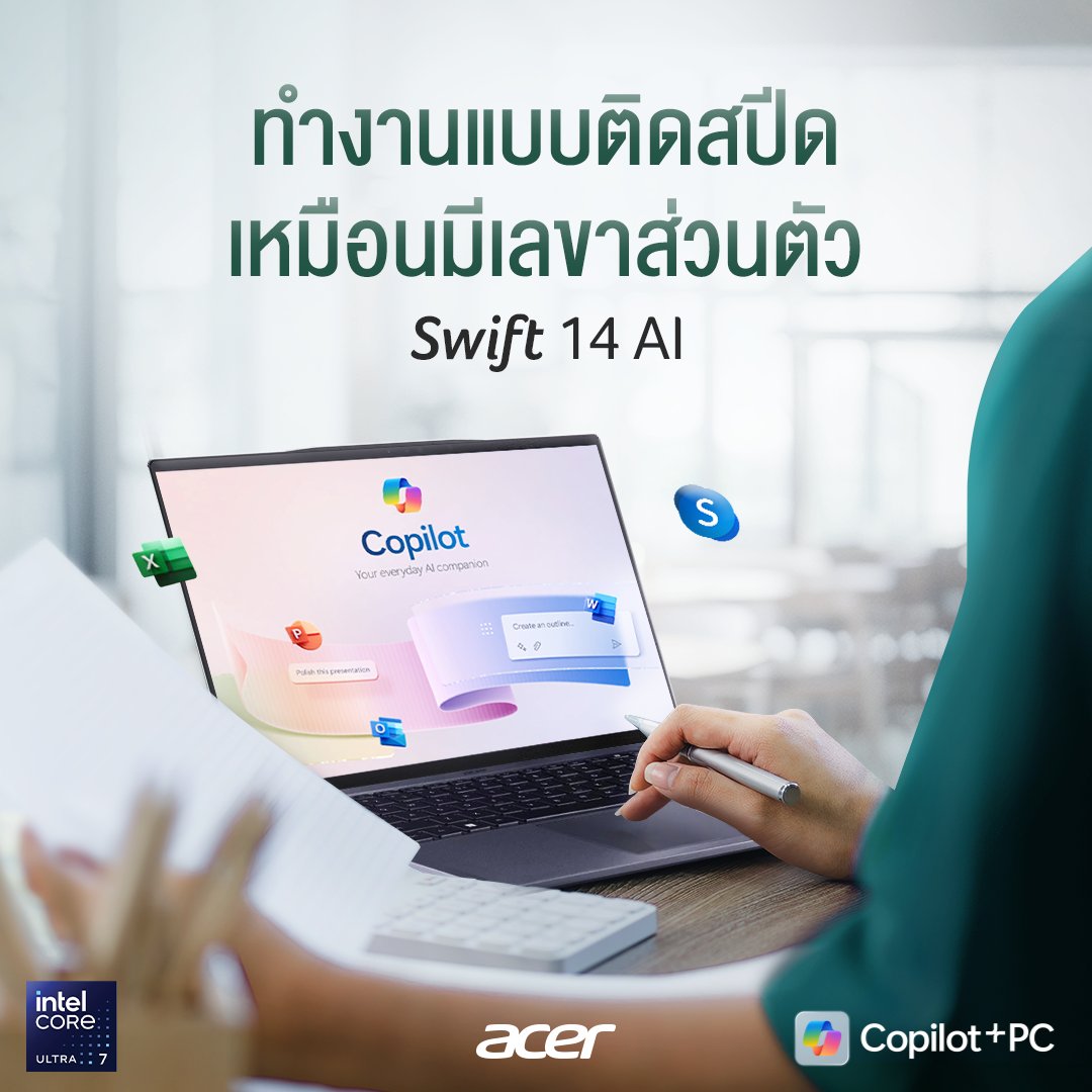 acerthailand's tweet image. Acer Swift 14 AI งานไว เนี๊ยบ
✅ Word: Copilot เรียบเรียงเอกสารให้
✅ Excel: คำนวณไว จัดระเบียบข้อมูล
✅ Zoom: สรุปประชุม จด To-do ครบถ้วน

สั่งซื้อ Acer Store สาขา ไอที มอลล์ ฟอร์จูน ชั้น 3 หรือ Acer Online Store : store.acer.com/th-th

#Acer #AcerThailand #AcerSwift14AI