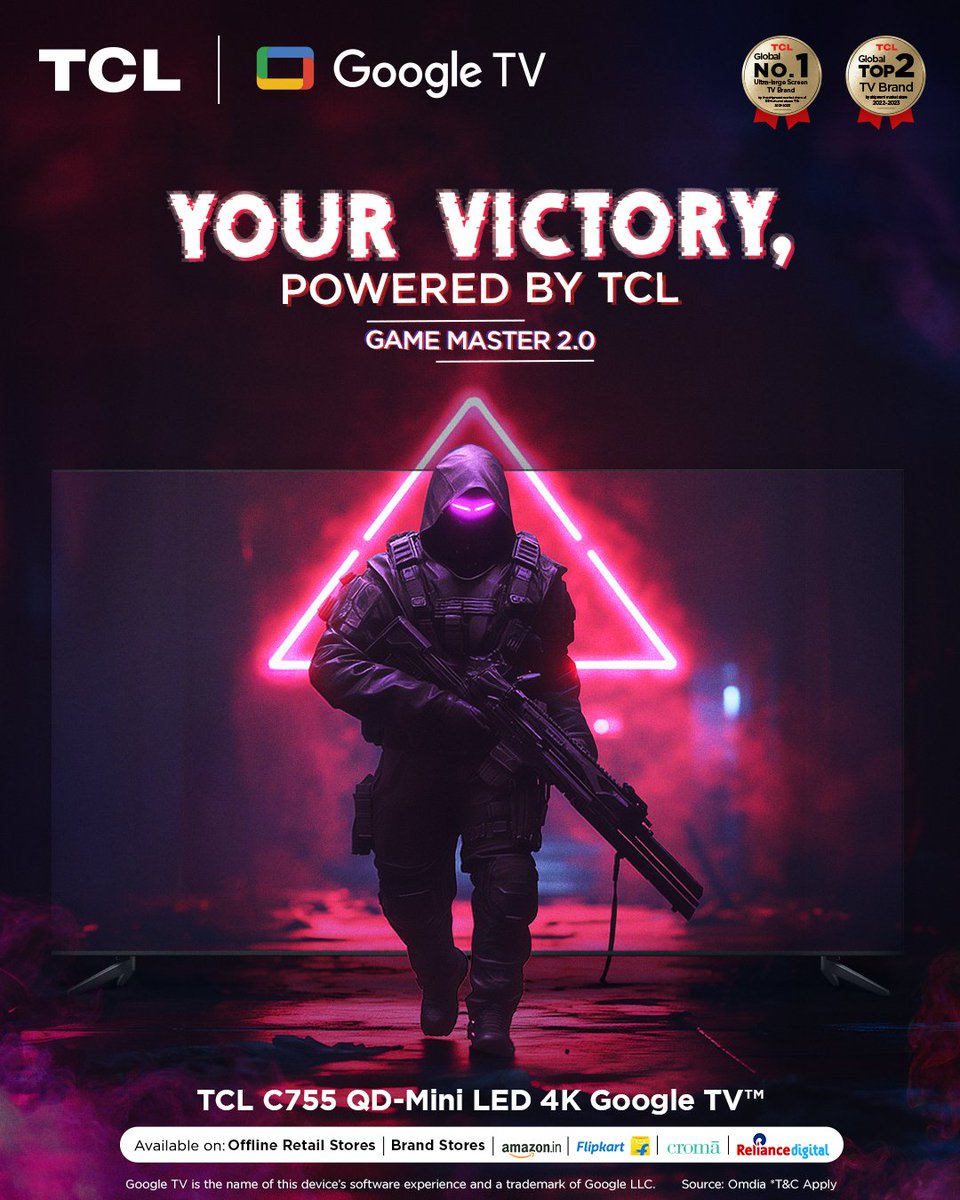 tcl_india's tweet photo. Dominate every match with Game Master 2.0 on the TCL C755 QD-Mini LED 4K Google TV™. Enjoy smoother motion, enhanced visuals, and next-level gaming performance for a truly immersive experience.  🕹 🔥

Know more: https://t.co/LBKTy7emG5

#TCL #C755 #QDLED #GameMaster2 #NextLevelGaming #ImmersiveExperience #InspireGreatness