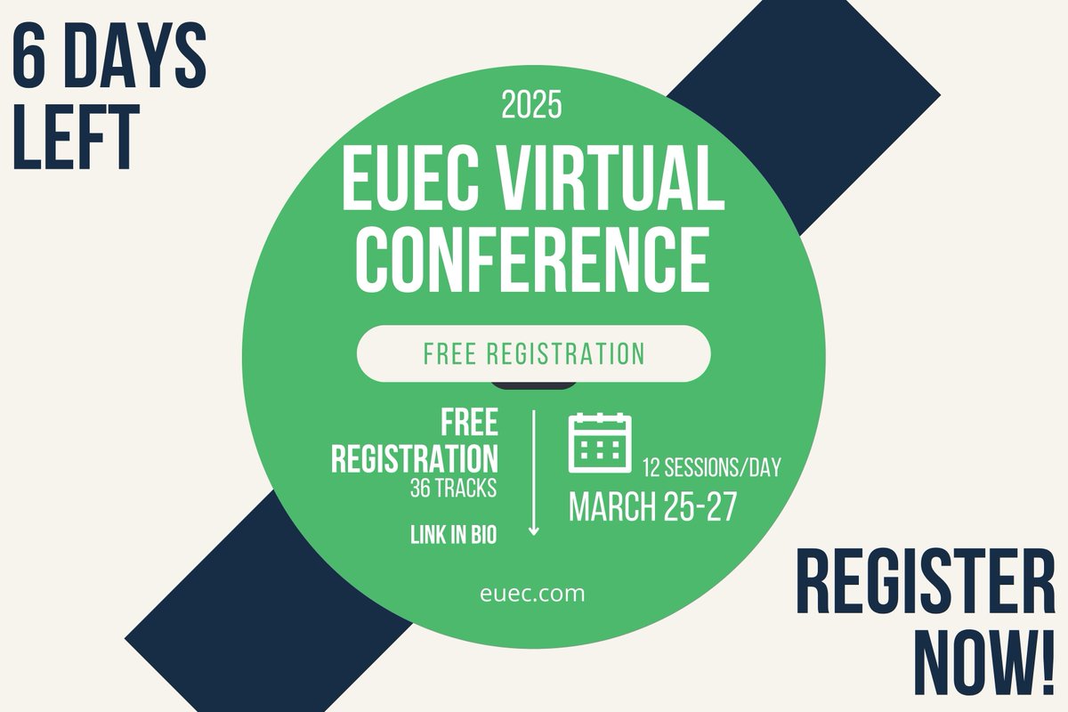 🚨 The countdown is ON! 🚨 Only 6 days left to register for the EUEC Virtual Conference 2025! 🌍💡 Get ready for 36 tracks, 12 sessions per day, and FREE registration! 🔥 Don’t miss out, secure your spot now! ⏳ Registration link in bio! #EUEC2025 #FreeRegistration