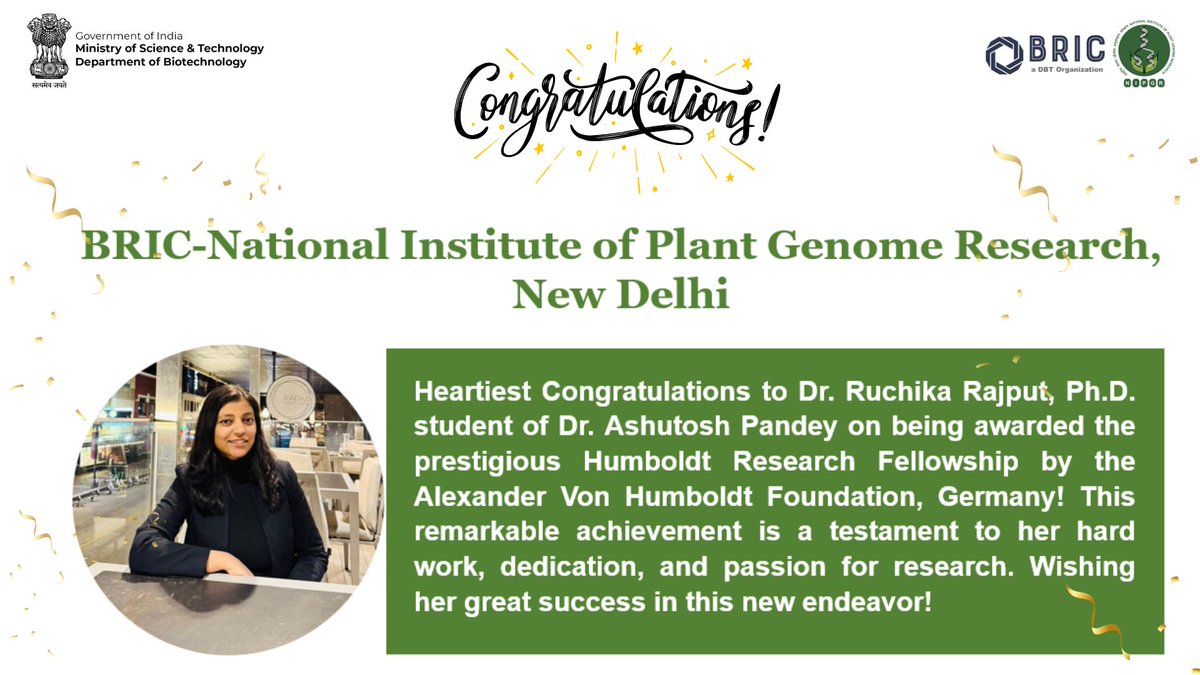 Department of Biotechnology (@dbtindia) on Twitter photo Heartiest Congratulations to Dr. Ruchika Rajput, Ph.D. from BRIC <a href="/NIPGRsocial/">BRIC-NIPGR</a> on being awarded the prestigious #HumboldtResearchFellowship by the Alexander von Humboldt Foundation, Germany!
<a href="/DrJitendraSingh/">Dr Jitendra Singh</a> <a href="/rajesh_gokhale/">Rajesh Gokhale</a> <a href="/AvHStiftung/">Humboldt-Stiftung</a> @BricDbt7510 Heartiest Congratulations to Dr. Ruchika Rajput, Ph.D. from BRIC <a href="/NIPGRsocial/">BRIC-NIPGR</a> on being awarded the prestigious #HumboldtResearchFellowship by the Alexander von Humboldt Foundation, Germany!
<a href="/DrJitendraSingh/">Dr Jitendra Singh</a> <a href="/rajesh_gokhale/">Rajesh Gokhale</a> <a href="/AvHStiftung/">Humboldt-Stiftung</a> @BricDbt7510