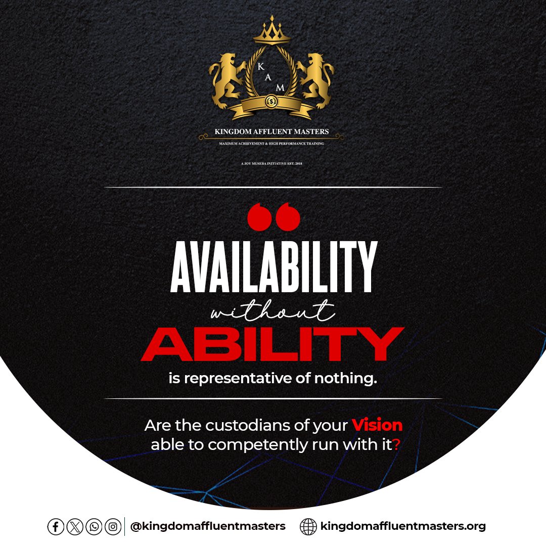 Being available is just the first step, having the ability to deliver is what truly matters!
<a href="/JoyMuseba/">Joy Museba</a>

#VisionRunner
#Ability
#Competence
#KAM