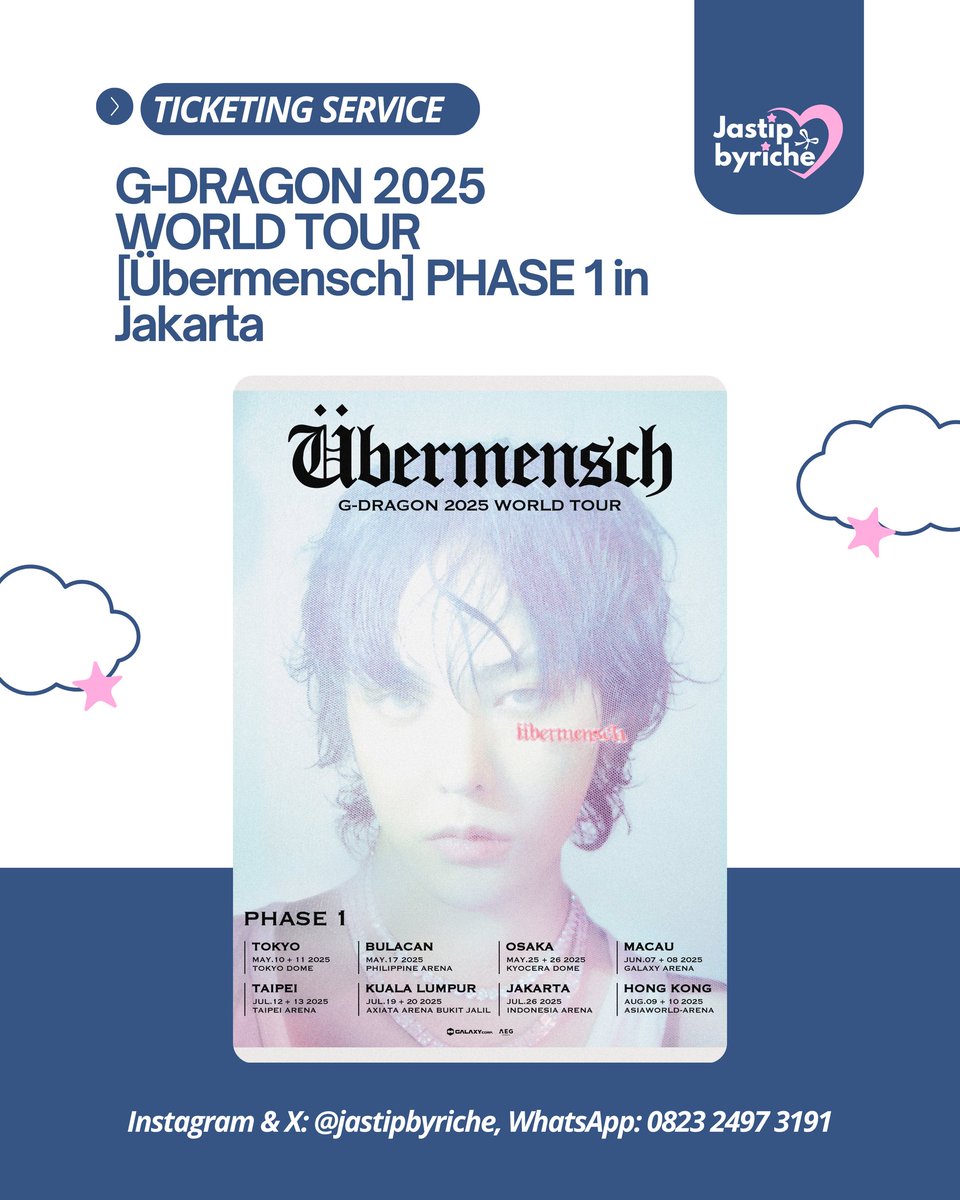 jastipbyriche's tweet photo. Open Jaswar tiket G-DRAGON 2025 WORLD TOUR [Übermensch] PHASE 1 in JAKARTA

✅Fee: 150k/tix | VIP: 200K/tix | DP: 50k/tix
✅Data pribadi + self payment
✅100% Trusted

🔥Limited Slot
💌DM US

#GDRAGON2025 #GDWORLDTOUR2025INJAKARTA #GDWORLDTOURÜbermensch https://t.co/PUwiclp7yU