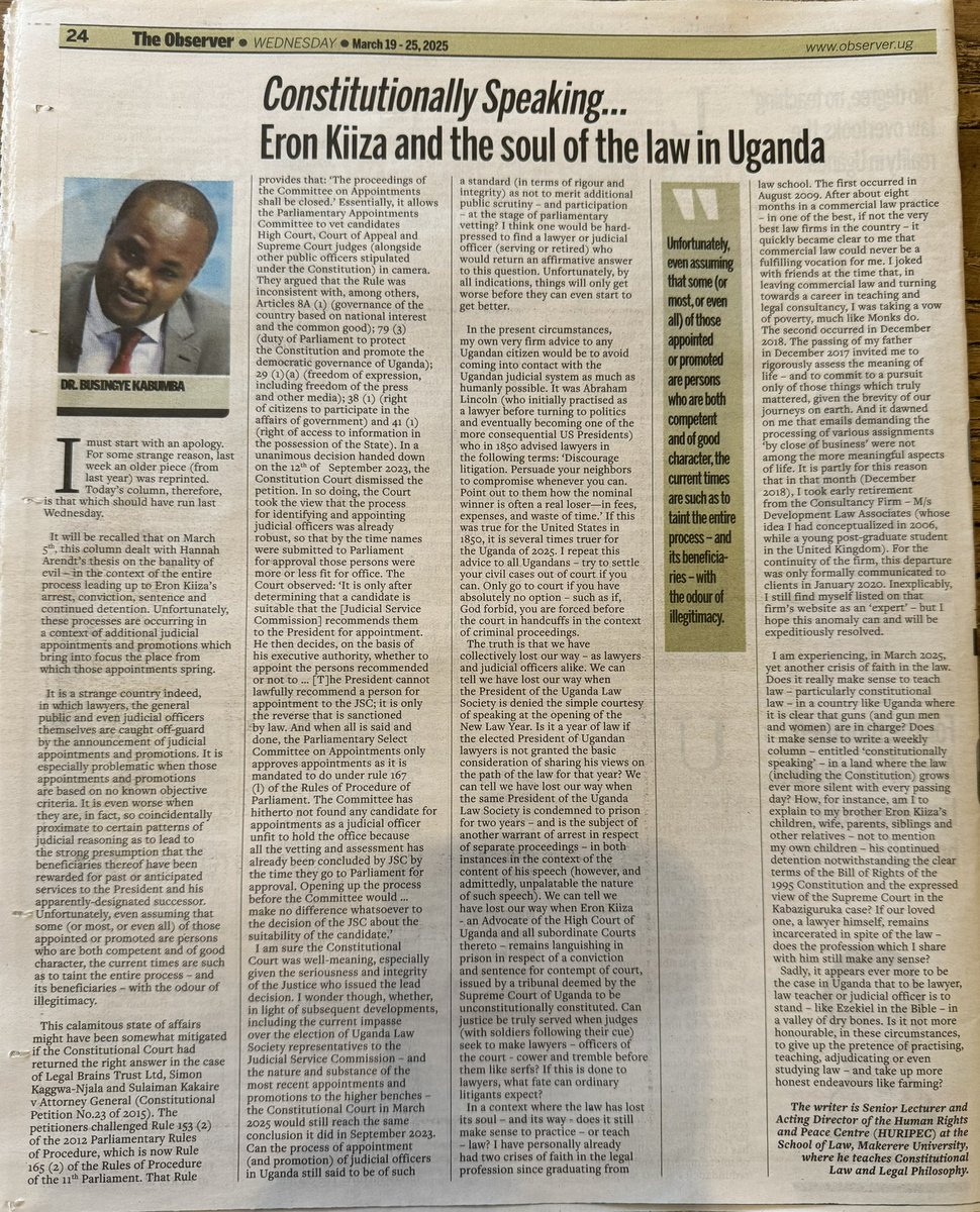 bkabumba's tweet photo. My column in this week’s @observerug 

I reflect on whether - given all that is happening in Uganda, including the arrest, conviction and continued detention of @kiizaeron - it still makes sense to study, teach or practice law in our context. 

https://t.co/0wHJFcUtrV https://t.co/ZOHfaGUKly