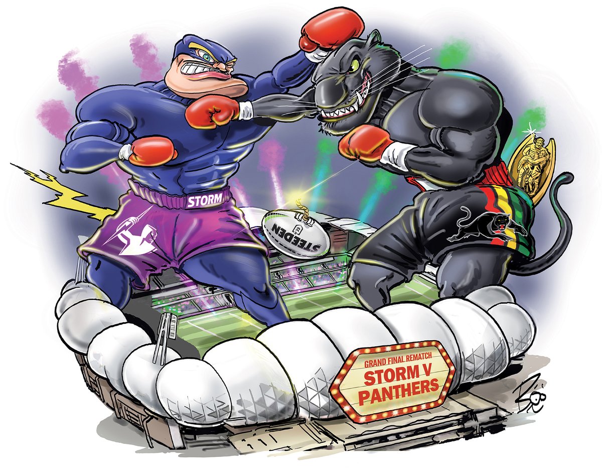 BooBaileyTele's tweet photo. Seconds out... round 2. All is in readiness, for the much anticipated, heavyweight clash between reining champs @PenrithPanthers and @storm #grandfinalrematch. May the best team win , my art for League Central liftout @telegraph_sport #nrl  #nrlstormpanthers https://t.co/nUiw0sRcLe