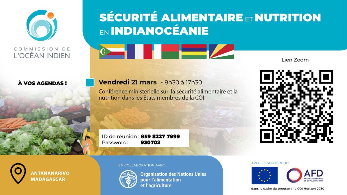 FAO in Madagascar, Comoros, Mauritius & Seychelles (@faomadagascar) on Twitter photo 📢 Kick-off! The <a href="/commission_coi/">Commission de l’océan Indien COI_IOC</a> Ministerial Conference on Food Security and Nutrition begins today in Antananarivo 🇲🇬!
Regional solutions for inclusive and resilient food systems. Join us!
📅 March 20: Partner meeting
📅 March 21: Ministerial Conference
🔗 Scan the QR code 📢 Kick-off! The <a href="/commission_coi/">Commission de l’océan Indien COI_IOC</a> Ministerial Conference on Food Security and Nutrition begins today in Antananarivo 🇲🇬!
Regional solutions for inclusive and resilient food systems. Join us!
📅 March 20: Partner meeting
📅 March 21: Ministerial Conference
🔗 Scan the QR code