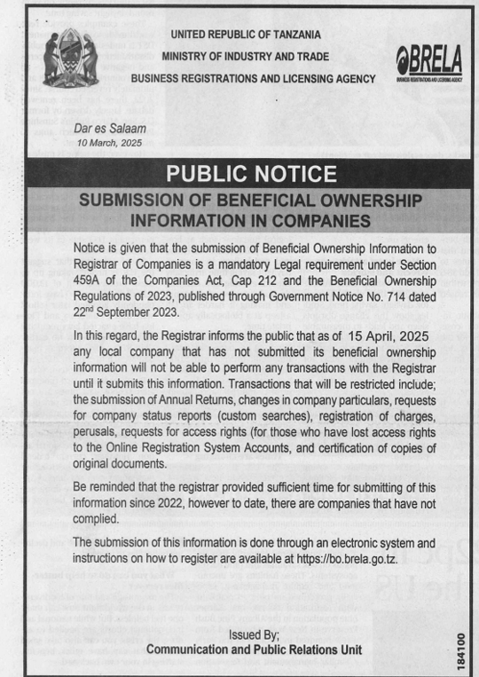 LextaAdvisory's tweet photo. IMPORTANT NOTICE

BRELA is giving a final warning to all companies and partnership businesses to submit their Ultimate Beneficial Owner (UBO) declaration before Tuesday, 15th April 2025.
#Lextaadvisory.
#Tanzania.
#Daressalaam.
@LextaAdvisory https://t.co/P5x8HG8hW2