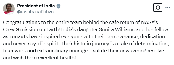 bstvlive's tweet photo. 🚨 दिल्ली: सुनीता विलियम्स की वापसी पर बोलीं राष्ट्रपति 🚨
राष्ट्रपति द्रौपदी मुर्मू ने एक्स पर पोस्ट किया
"नासा की पूरी टीम को बधाई। मैं सुनीता के दृढ़ संकल्प को सलाम करती हूं। उनके अच्छे स्वास्थ्य की कामना करती हूं।"
#Delhi #SunitaWilliams #PresidentPost #NASA #StrongDetermination #GoodHealth @Astro_Suni @rashtrapatibhvn