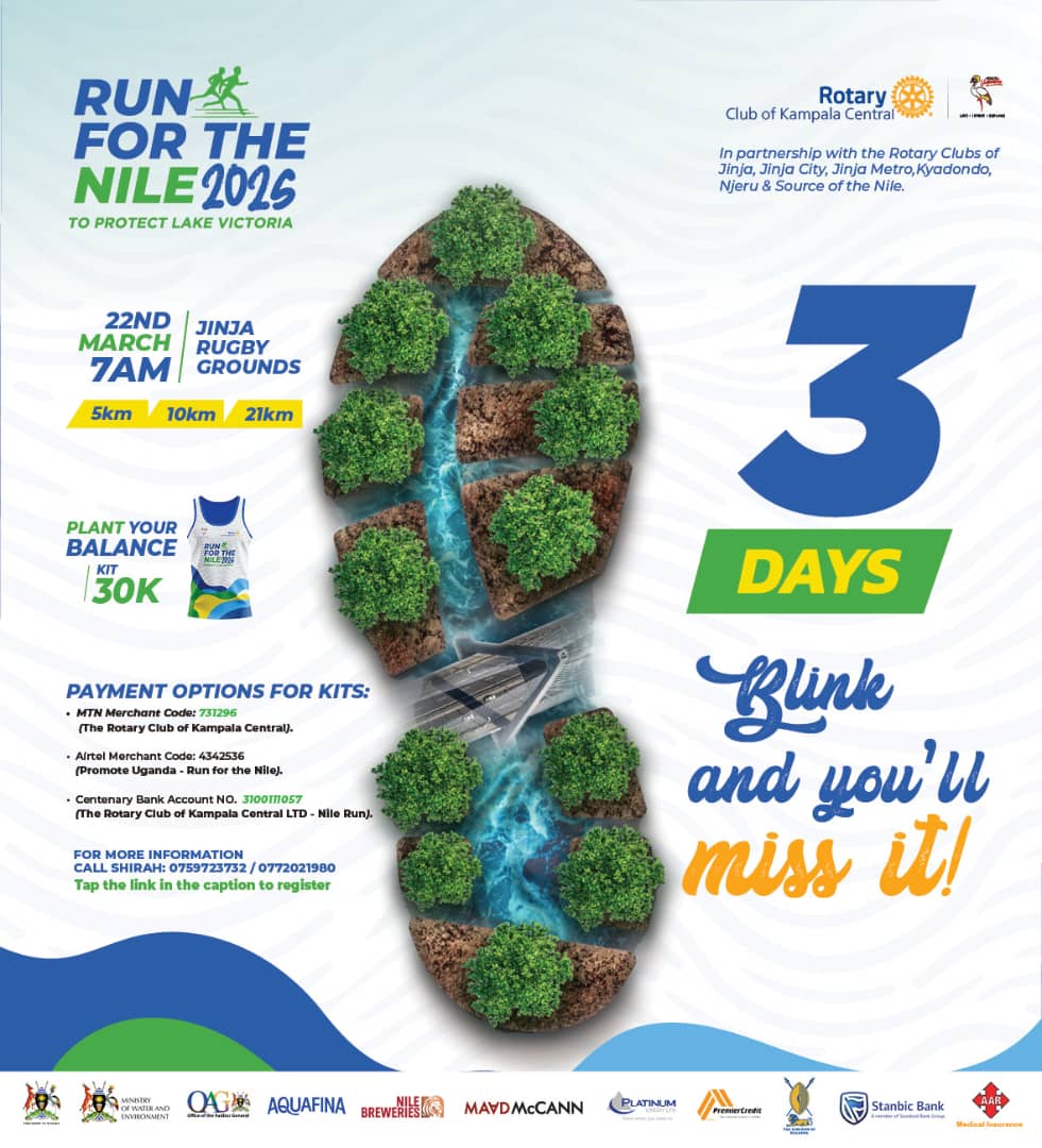 🏃‍♂️🌊 RUN FOR THE NILE 2025 – 3 DAYS TO GO! 🌿⏳

Join us on 📅 22nd March at ⏰ 7 AM at 📍 Jinja Rugby Grounds for the Run for the Nile to protect Lake Victoria! 🌍 

Get your 🌱 Plant Your Balance Kit for 30K and be part of the change! 💚