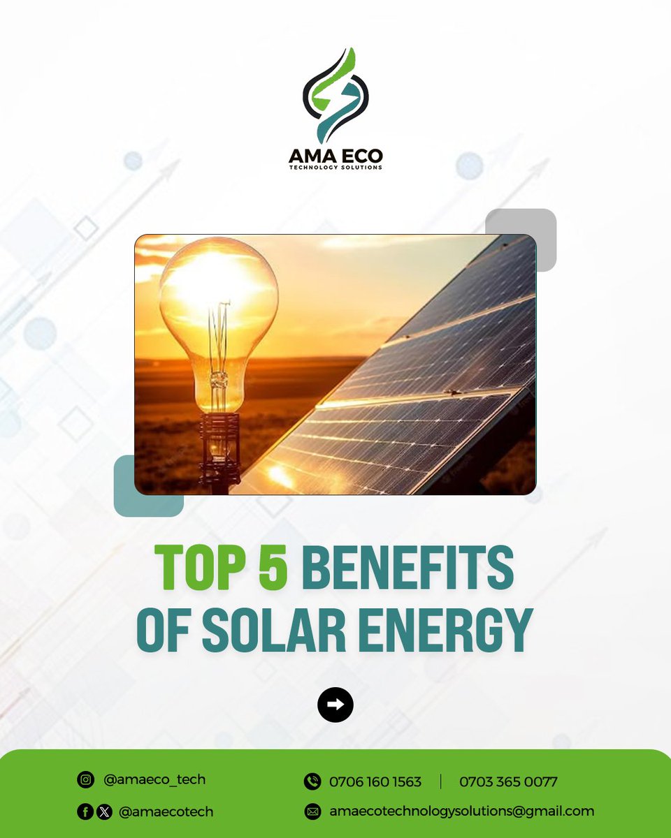 ama_eco_tech_25's tweet photo. Curious about why solar energy is the future?

1. Low Maintenance
2. Energy Independence
3. Environmentally Friendly
4. Reduced Electricity Bill
5. Sustainable Energy Source

Swipe to see more details!

For any inquiries, reach out to us.
☎  +234 706 160 1563, +234 703 365 0077 https://t.co/Xm0JKhuZF4