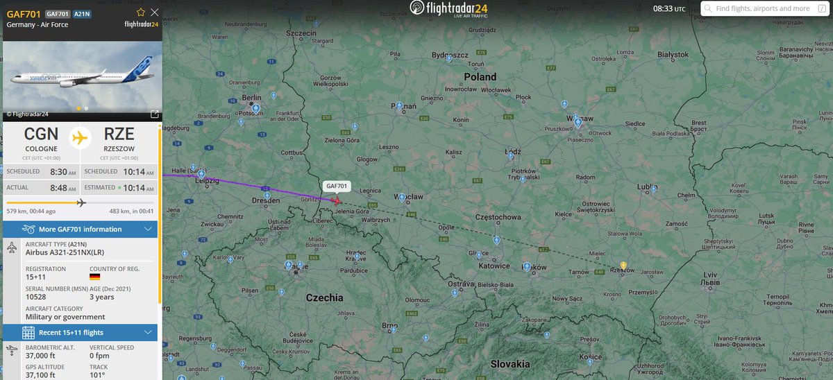 PolishMilRadar's tweet photo. ⌚️19.03 09:28LT
Siły Powietrzne Niemiec🇩🇪
✈️Airbus A321-251NX(LR) 15+11
#GAF701 na wysokości przelotowej FL350
🛫Kolonia #EDDK
🛬Rzeszów #EPRZ
🔗https://t.co/MXJenZ78o2
#POLMILRADAR https://t.co/Z8AbErwEKO