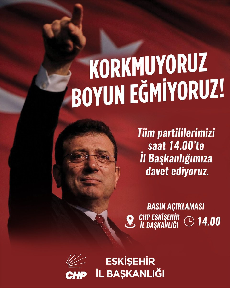 Yılmaz Büyükerşen (@y_buyukersen) on Twitter photo Korkmuyoruz, boyun eğmiyoruz!
Tüm hemşehrilerimizi bugün saat 14.00’de İl Başkanlığımıza bekliyoruz.
<a href="/chpeskisehir/">CHP Eskişehir</a>
<a href="/avtalatyalaz/">Talat Yalaz</a>
<a href="/ayseunluce/">Ayşe Ünlüce</a>
<a href="/CHPKAZIMKURT/">Kazım KURT</a>
<a href="/DtAhmetAtac/">Ahmet Ataç</a>
<a href="/utkucakirozer/">Utku Çakırözer</a>
<a href="/jalenursullu/">Dr. Jale Nur Süllü</a>
<a href="/arslanibrahimss/">İbrahim ARSLAN</a> Korkmuyoruz, boyun eğmiyoruz!
Tüm hemşehrilerimizi bugün saat 14.00’de İl Başkanlığımıza bekliyoruz.
<a href="/chpeskisehir/">CHP Eskişehir</a>
<a href="/avtalatyalaz/">Talat Yalaz</a>
<a href="/ayseunluce/">Ayşe Ünlüce</a>
<a href="/CHPKAZIMKURT/">Kazım KURT</a>
<a href="/DtAhmetAtac/">Ahmet Ataç</a>
<a href="/utkucakirozer/">Utku Çakırözer</a>
<a href="/jalenursullu/">Dr. Jale Nur Süllü</a>
<a href="/arslanibrahimss/">İbrahim ARSLAN</a>