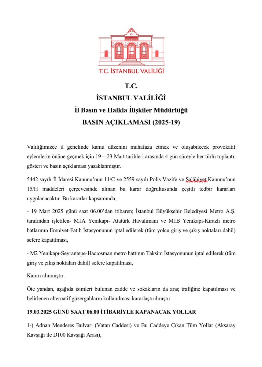 TC_istanbul's tweet photo. Valiliğimizce il genelinde kamu düzenini muhafaza etmek ve oluşabilecek provokatif eylemlerin önüne geçmek için 19-23 Mart tarihleri arasında alınan tedbir kararlarına ilişkin basın açıklamamız…

🔗 https://t.co/6jc888ywu5 https://t.co/a7yiCgmVAO